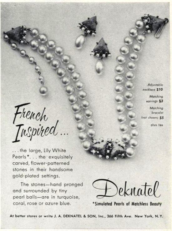 Lily white pearls, exquisitely carved, flower patterned stones in gold-plated settings, March 1952