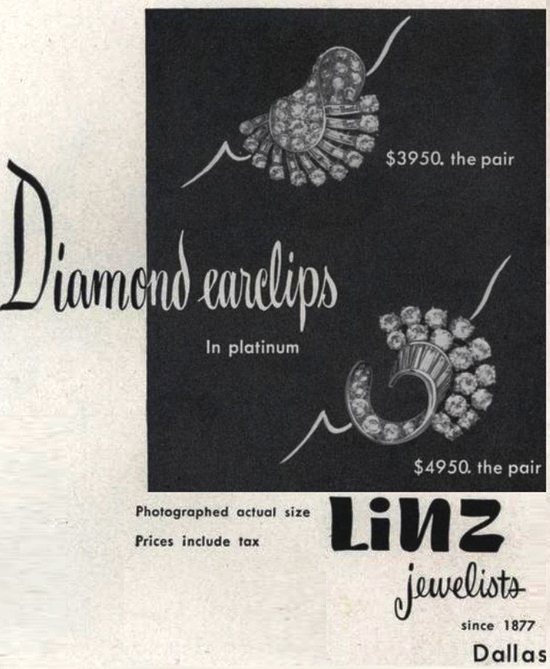 Linz Diamond earclips in platinum, Vogue November 1951 ad