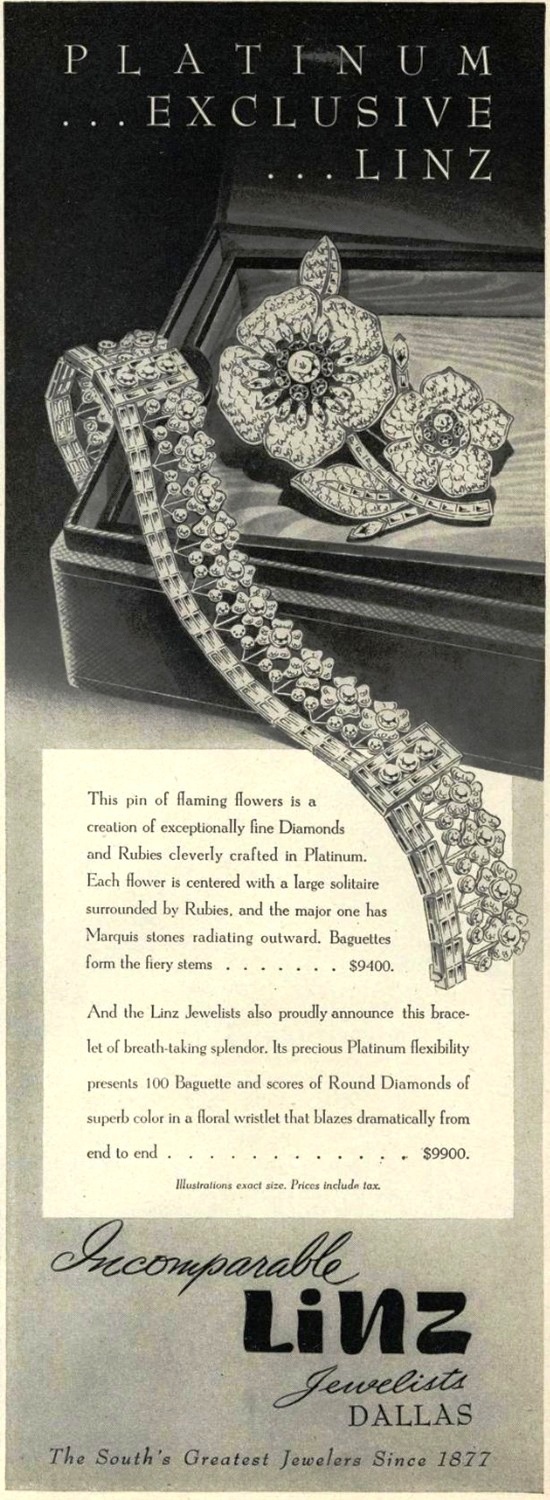 Diamond ruby and platinum flower brooch and bracelet, Vogue November 1945 ad