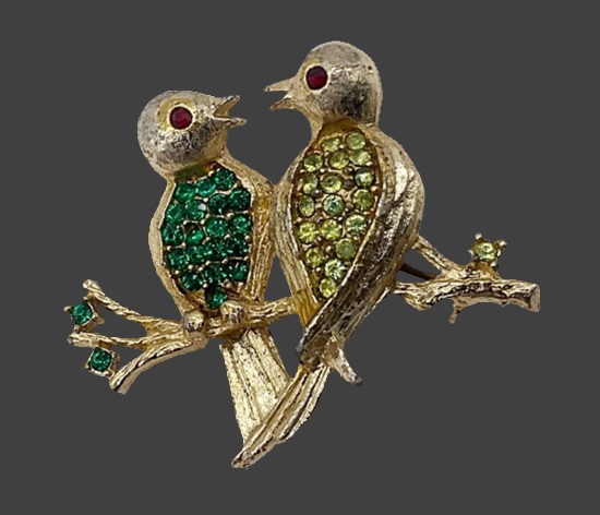 Love birds gold tone rhinestone brooch
