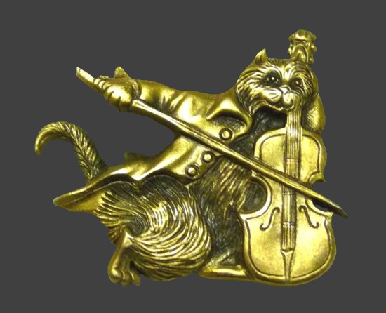 MFA cat playing the violin gold tone brooch