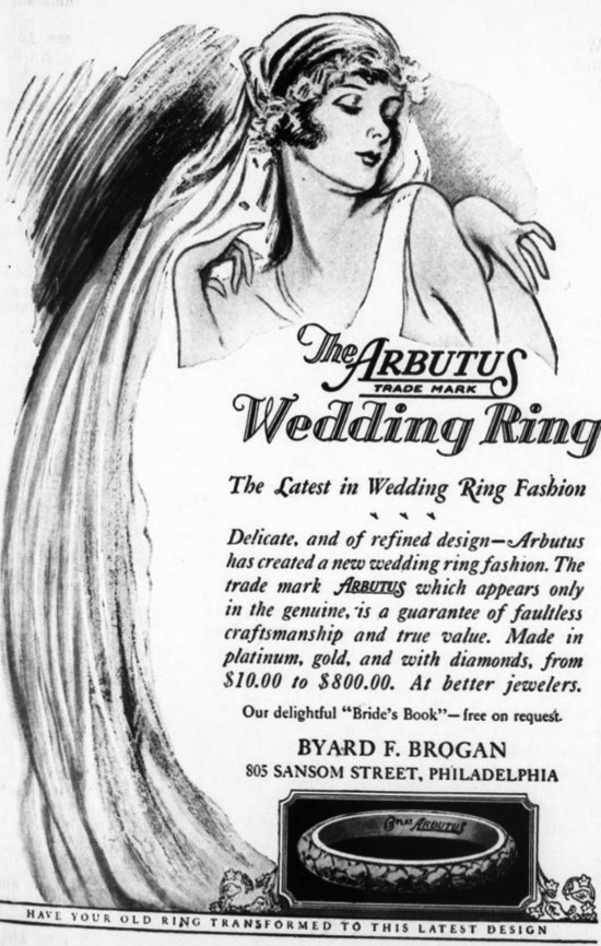 Made in platinum, gold and with diamonds Arbutus wedding rings, 1927
