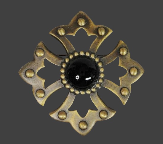 Maltese cross copper black glass brooch pin