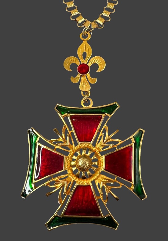 Maltese cross fleur de lis dangle pendant of gold tone, red enamel