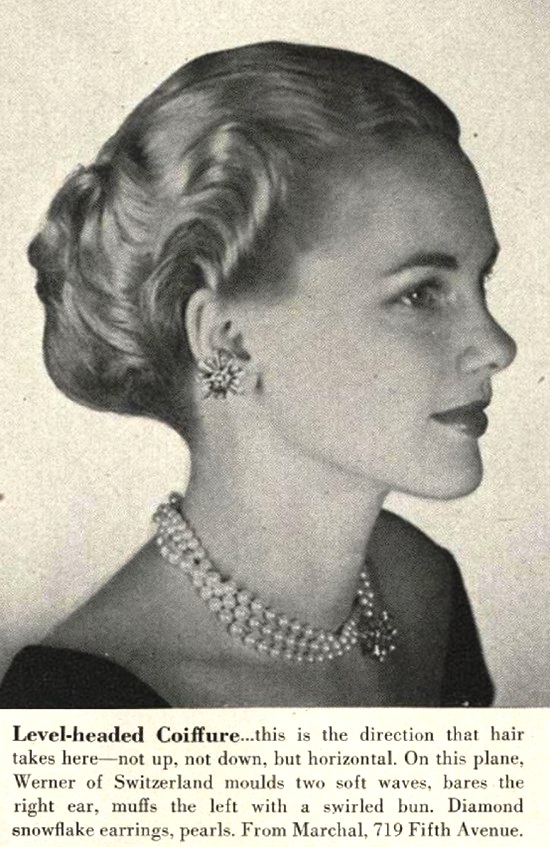 Marchal Diamond snowflake earrings, pearls, Vogue November 1945 ad