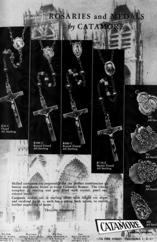 Medals and rosaries by Catamore. November 1948 ad