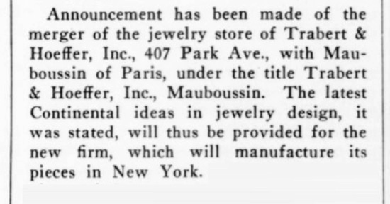 Merger of Trabert & Hoeffer, Inc with Mauboussin of Paris, May 1936 note