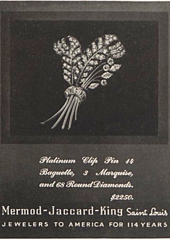 Mermod Platinum and diamond clip pin, Vogue November 1943 ad
