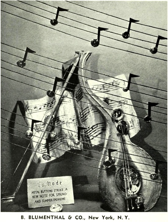 'Metal Buttons Strike A New Note'. Intriguing display of La Mode buttons - the heads of the musical notes made out of metal buttons, 1950