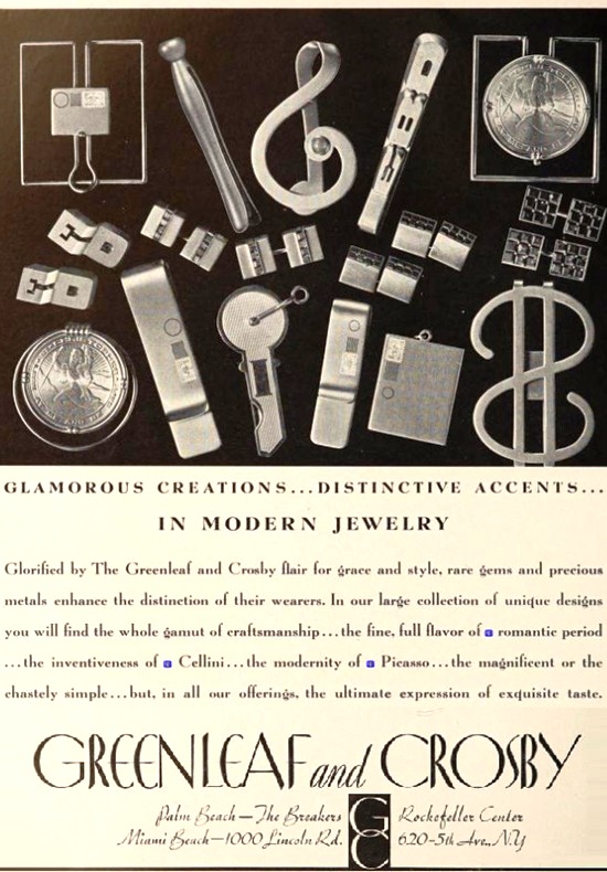Modern jewelry by Greenleaf and Crosby, February 1940 ad