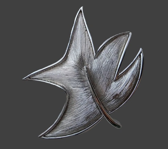 Modernist silver tone textured leaf brooch pin