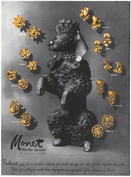Poodle cut jewelry, Vogue March 1952 ad