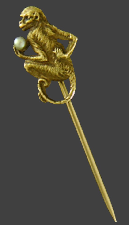 Monkey 14 K gold pearl stick pin