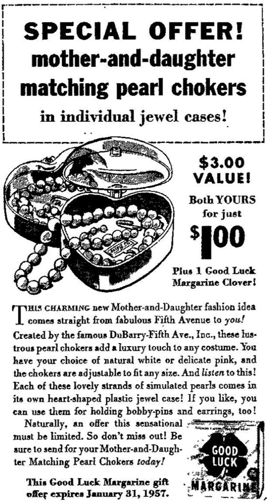 Mother-and-Daughter pearl chokers, Warren Times Mirror, November 1956 ad