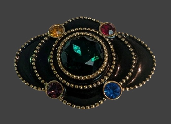 Multicolor rhinestone black enamel gold tone brooch