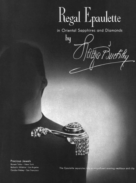 Nadja Buckley Regal Epaulette in sapphires and diamonds, Vogue November 1946 ad