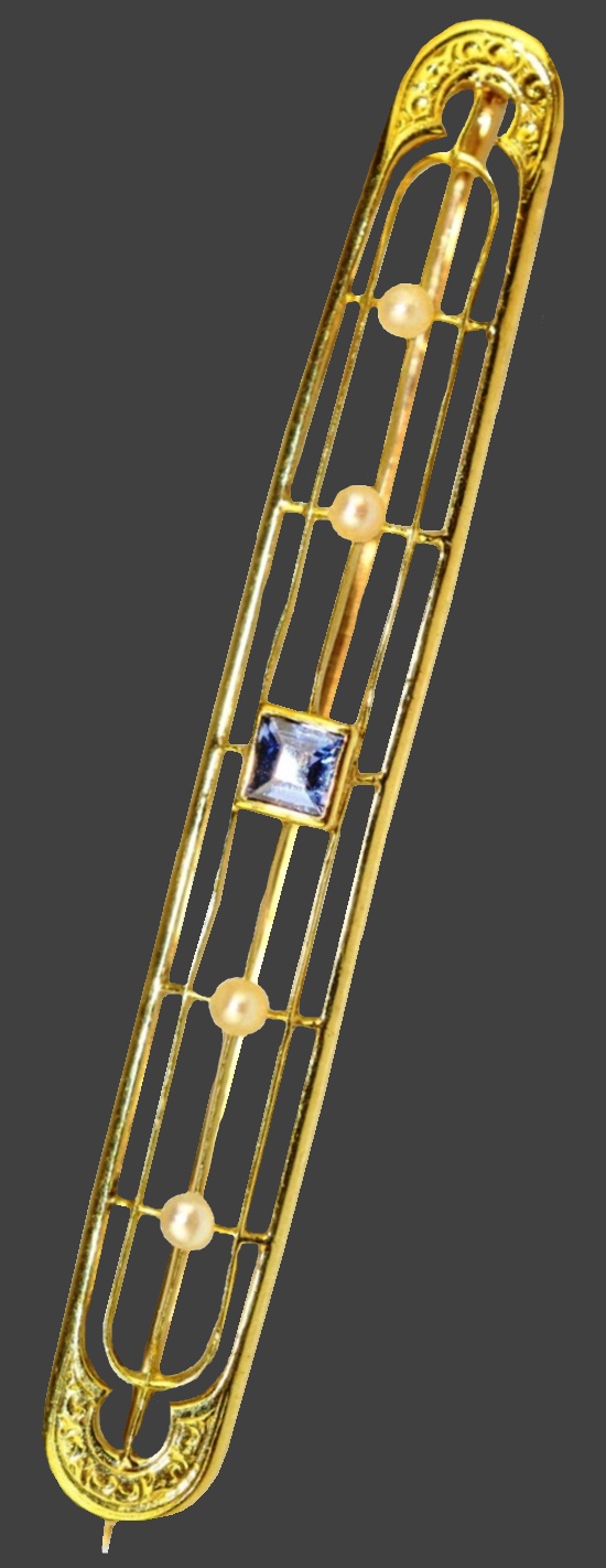 Natural pearl 14 K gold sapphire bar brooch