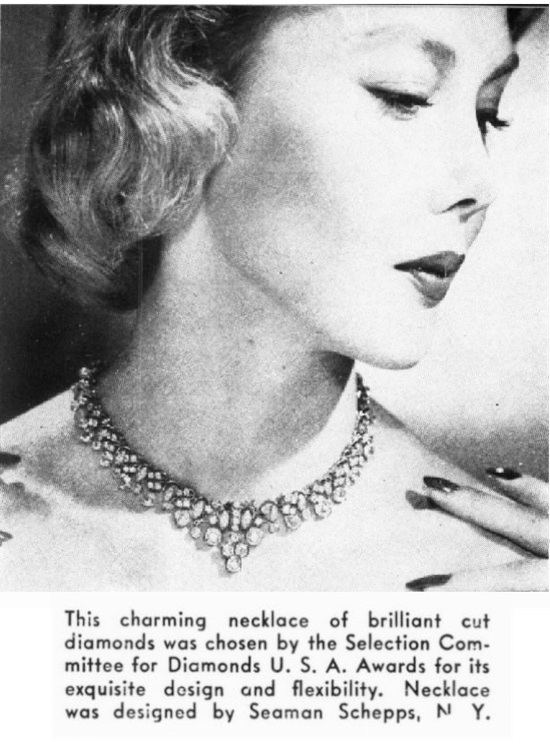 Necklace of brilliant cut diamonds, chosen by the Selection Committee for Diamonds U. S. A. Awards for its exquisite design and flexibility. November 1954