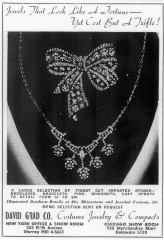 Necklaces, pins, bracelets, bowknots rhinestone jewelry. October 1941 ad