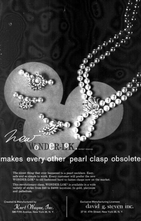 'New Wonder Lok' pearl and diamond jewelry, 1961 ad