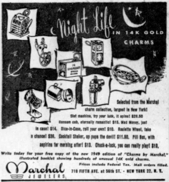 Night life 14 gold charms, The New York Times December 1948 ad
