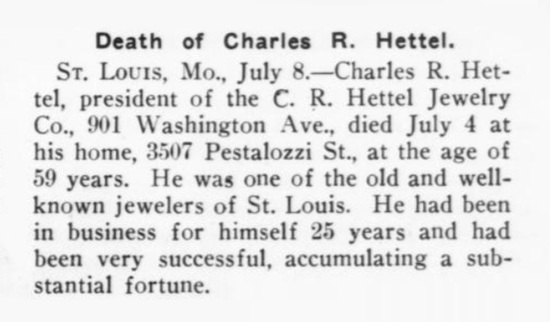 Obituary for Charles R. Hettel, The Jewelers' Circular, July 1914