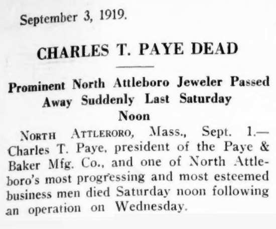 Obituary for Charles T Paye, September 1919