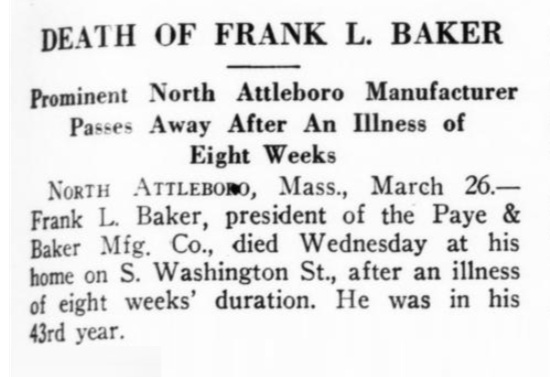 Obituary for Frank L Baker, president of the Paye & Baker Mfg Co., March 1923