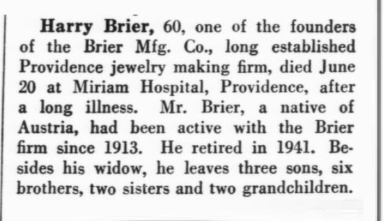 Obituary for Harry Brier, August 1953