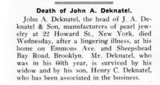 Obituary for John A. Deknatel, April 1906