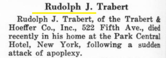 Obituary for Rudolph J Trabert, Jewelers' Circular, April 1930