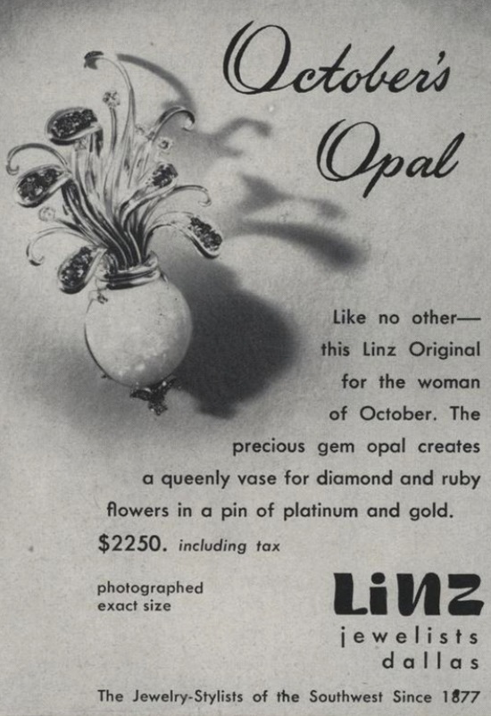 Opal vase for diamond and ruby flowers, October 1948 ad