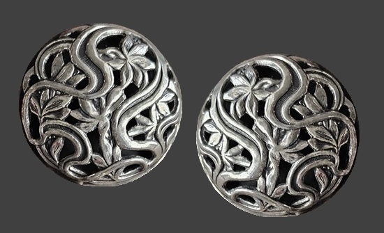 Ornate floral round sterling silver screw back earrings
