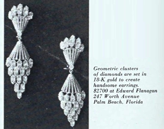 PBL, Geometric clasters of diamonds set in 18 K gold earrings, April 1969