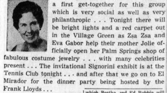 Palm Springs Desert Sun, November 1958, Jolie Gabor Opening Palm Beach shop of costume jewelry