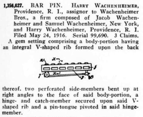 Patent for bar pin by Harry Wachenheimer, filed May 1916