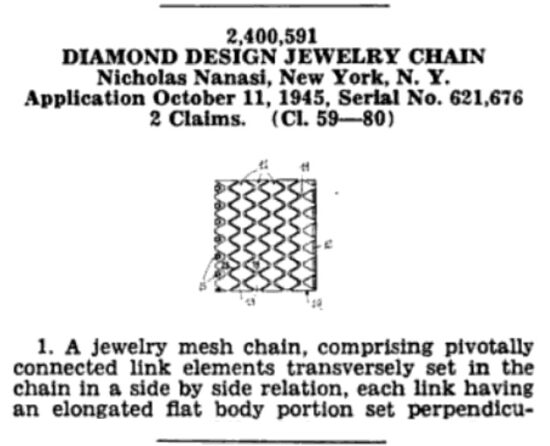 Patent for diamond design jewelry chain, inventor Nicholas Nanasi, October 1945