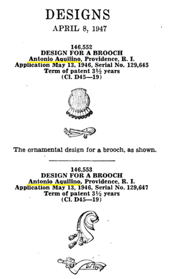 Patented designs by Antonio Aquilino filed in 1946