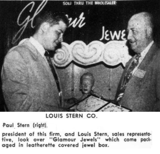 Paul Stern (right), president of the firm, and Louis Stern, sales representative, look over "Glamour Jewels" which come packaged in leatherette covered jewel box. JCK September 1951 note