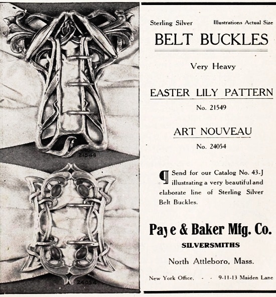 Paye & Baker Mfg Co Easter Lily pattern Art Nouveau Belt buckles, February 1907