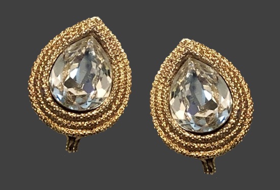 Pear shape crystal gold tone clip earrings