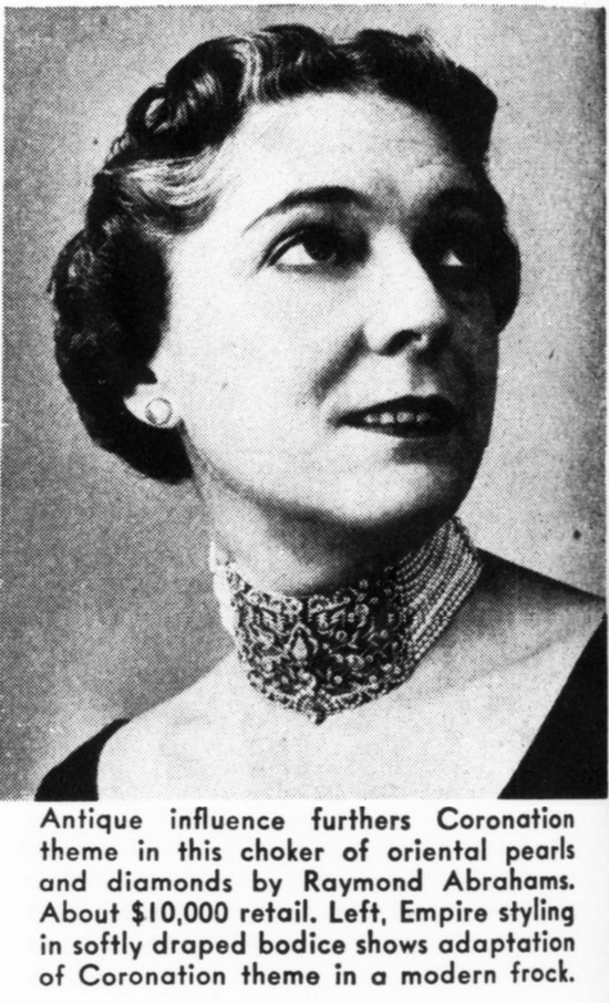 Raymond Abrahams Pearl and diamond choker, March 1953 ad