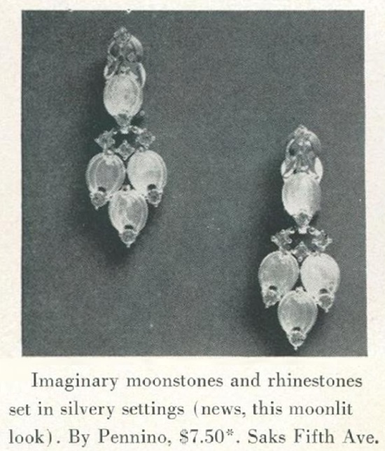 Pennino Moonstones and rhinestones set in silvery settings earrings, Vogue November 1954 ad