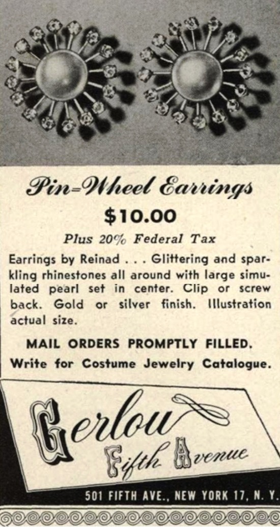 Pin Wheel earrings by Reinad, Vogue April 1946 ad