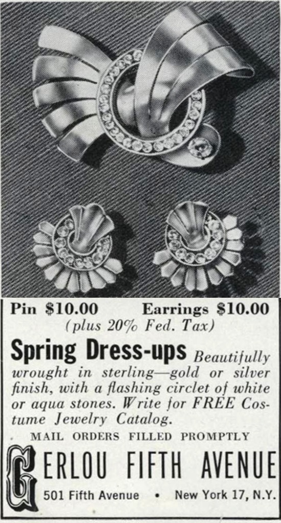 Pin and earrings from Spring collection, April 1947 ad