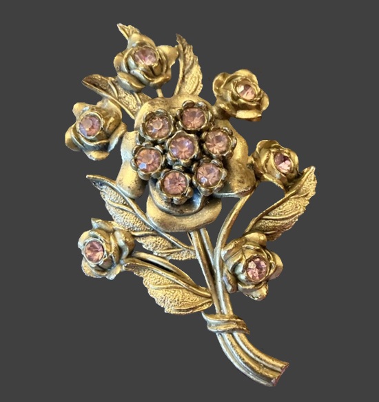 Pink flowers bouquet gold tone rhinestone brooch pin by Little Nemo