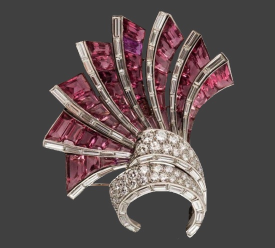 Pink tourmaline platinum diamond brooch