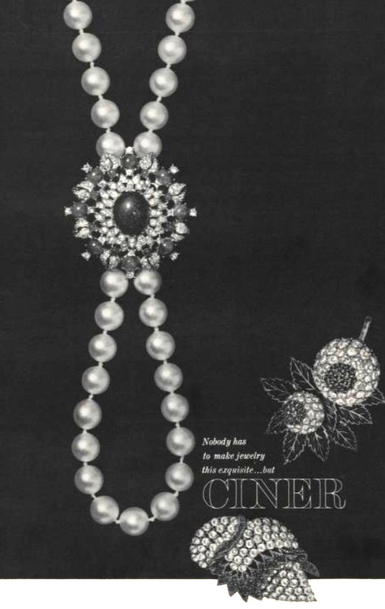 Pins and pearls in the great Ciner tradition of quality. Simulated pearls. Ciner Jewelers, 20 W. 37 St., New York; and Paris. VOGUE, October 15, 1969