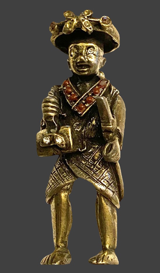 Pirate with treasure chest, figural brass gold tone rhinestone brooch pin