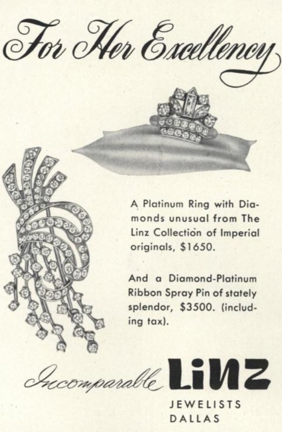 Platinum and diamond ring and spray pin, November 1947 ad